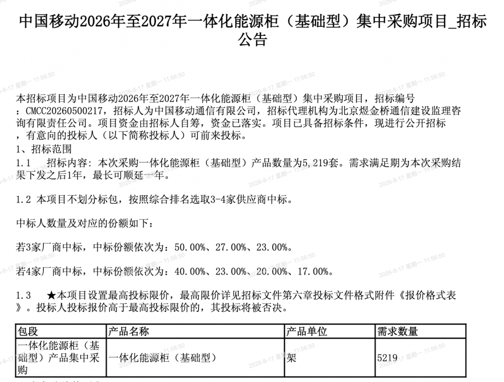 中国移动5219套能源柜集采启动 3-4家厂商竞标
